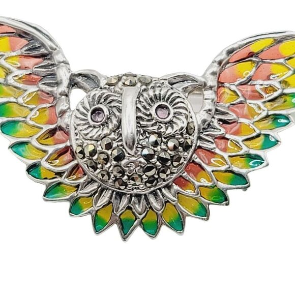 Handmade 925 Sterling Silver Plique Enamel Ruby Marcasite Brooch Owl in Flight - Picture 3 of 9